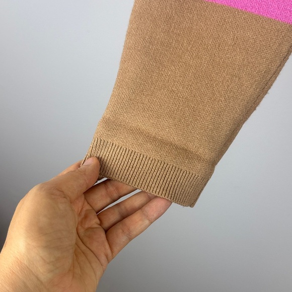 Cynthia Rowley Modern Classic Cozy Cream Camel Brown and Pink Crew Neck Sweater - Picture 4 of 8